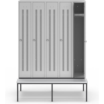 Berlin 1 bench seat clothes locker, 5 compartments, light grey, W 1500 mm, bench fitted below, plastic.