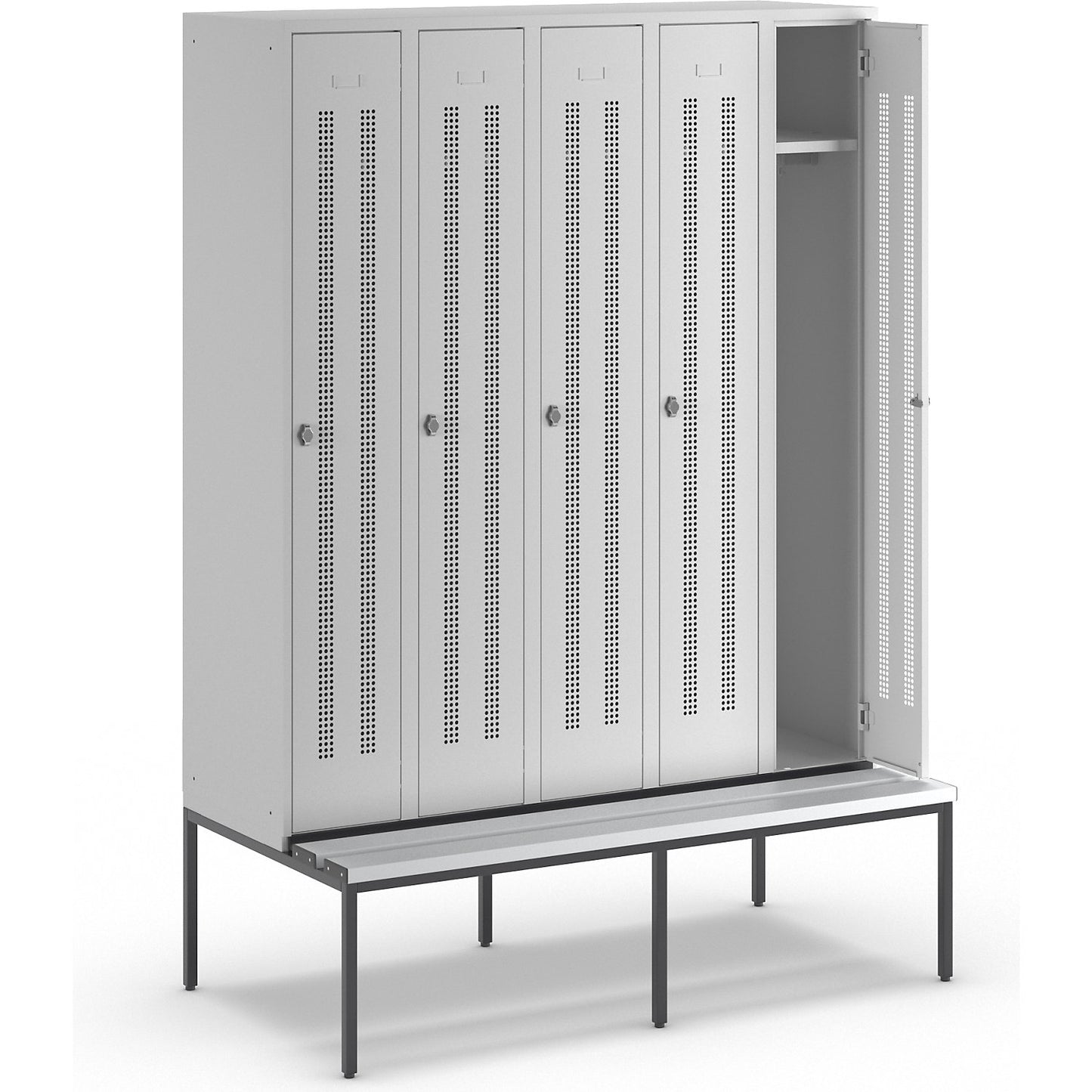 Berlin 1 bench seat clothes locker, 5 compartments, light grey, W 1500 mm, bench fitted below, plastic.