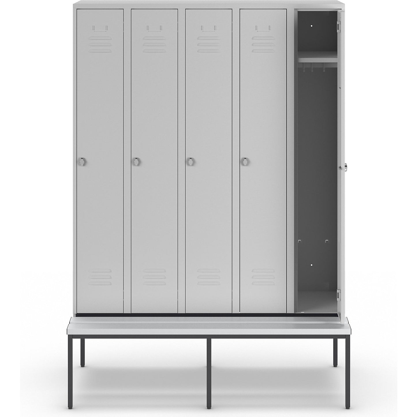 Berlin 2 clothes locker with bench seat, 5 compartments, light grey, W 1500 mm, bench fitted below, plastic.