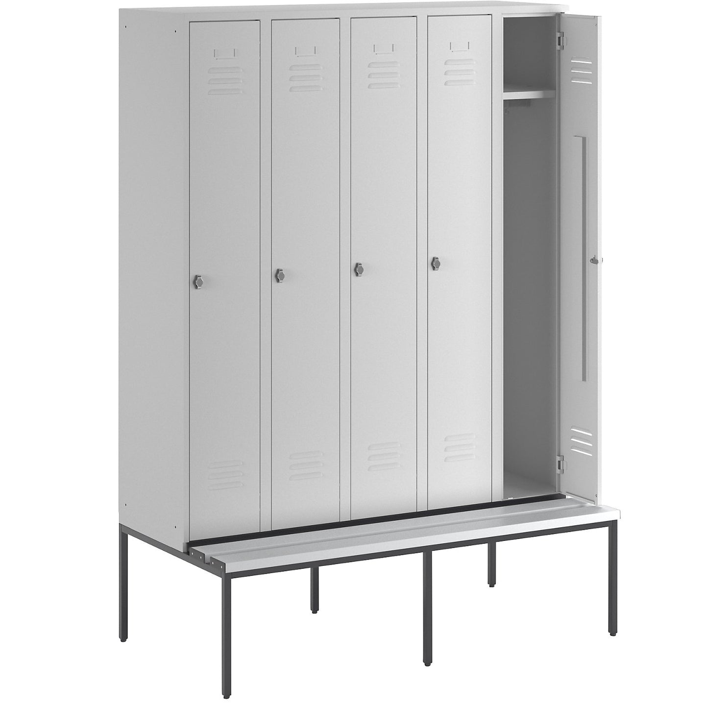 Berlin 2 clothes locker with bench seat, 5 compartments, light grey, W 1500 mm, bench fitted below, plastic.