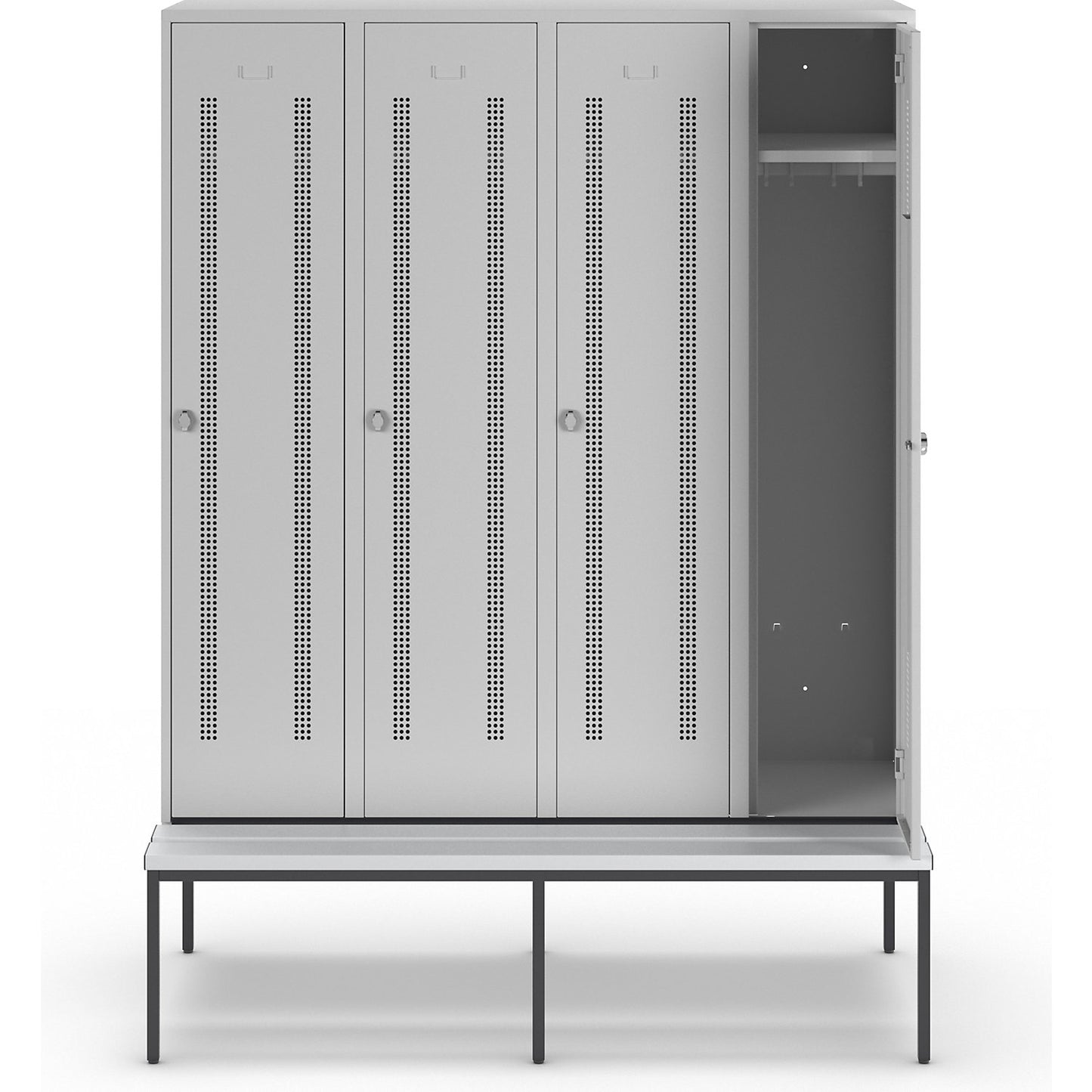 Berlin 1 bench seat clothes locker, 4 compartments, light grey, W 1600 mm, bench fitted below, plastic.