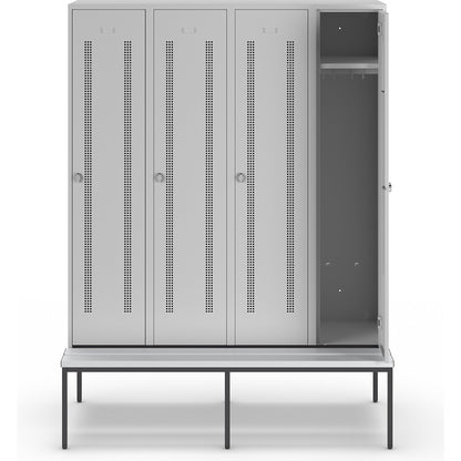 Berlin 1 bench seat clothes locker, 4 compartments, light grey, W 1600 mm, bench fitted below, plastic.