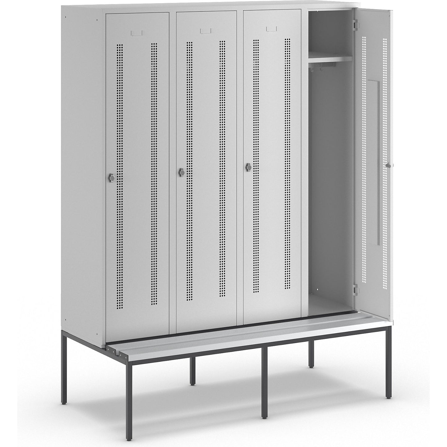 Berlin 1 bench seat clothes locker, 4 compartments, light grey, W 1600 mm, bench fitted below, plastic.