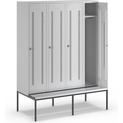 Berlin 1 bench seat clothes locker, 4 compartments, light grey, W 1600 mm, bench fitted below, plastic.