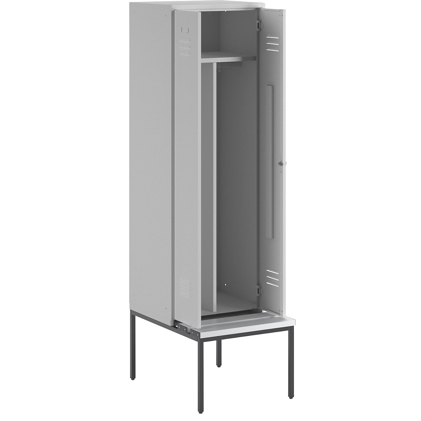 Berlin 2 clean and dirty locker with bench seat, centre divider, 1 compartment, light grey, W 600 mm, bench fitted below, plastic.