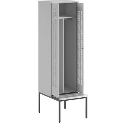 Berlin 1 clean and dirty locker with bench seat, centre divider, 1 compartment, light grey, W 600 mm, bench fitted below, plastic.