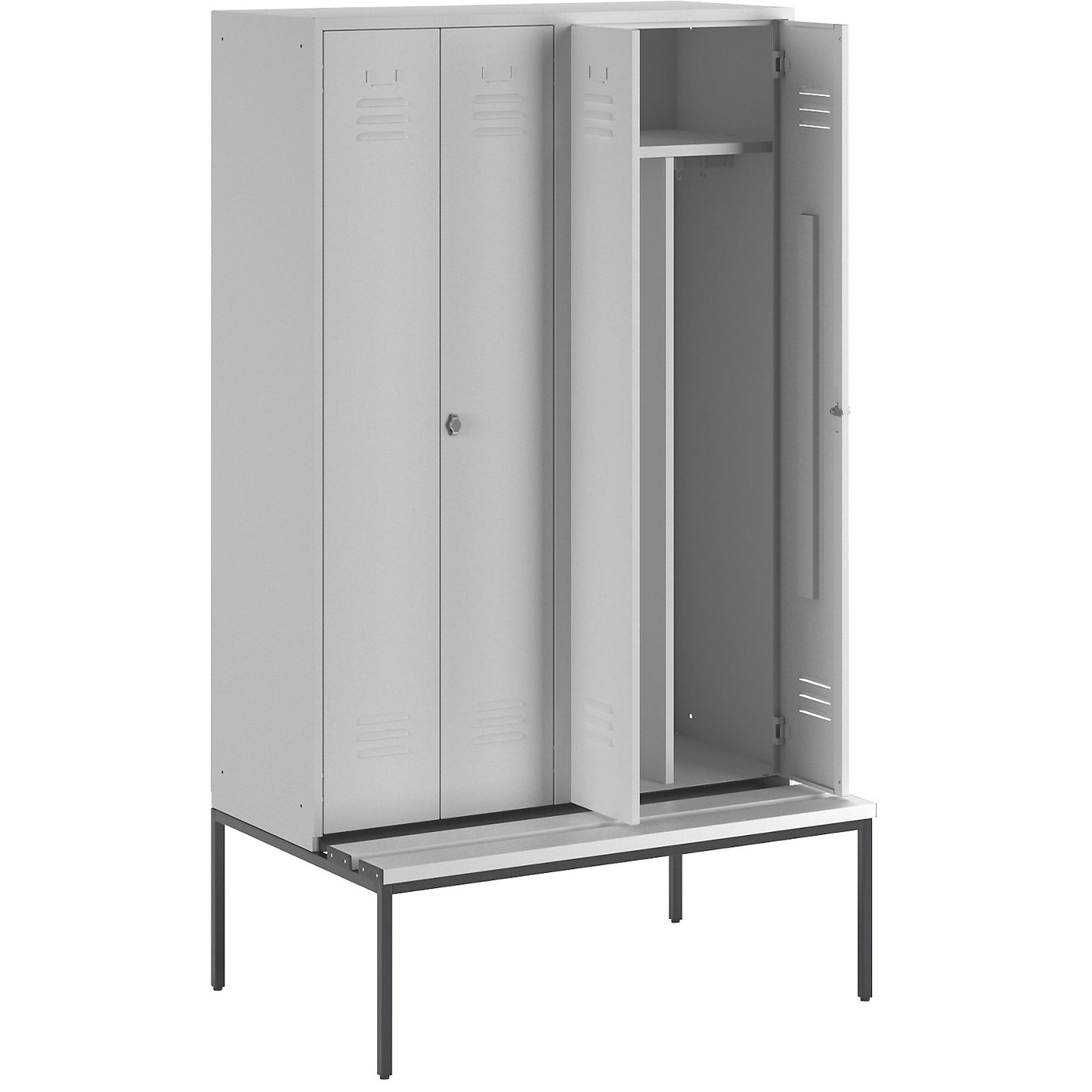Berlin 2 clean and dirty locker with bench seat, centre divider, 2 compartments, light grey, W 1200 mm, bench fitted below, plastic.