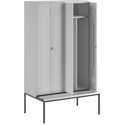 Berlin 2 clean and dirty locker with bench seat, centre divider, 2 compartments, light grey, W 1200 mm, bench fitted below, plastic.