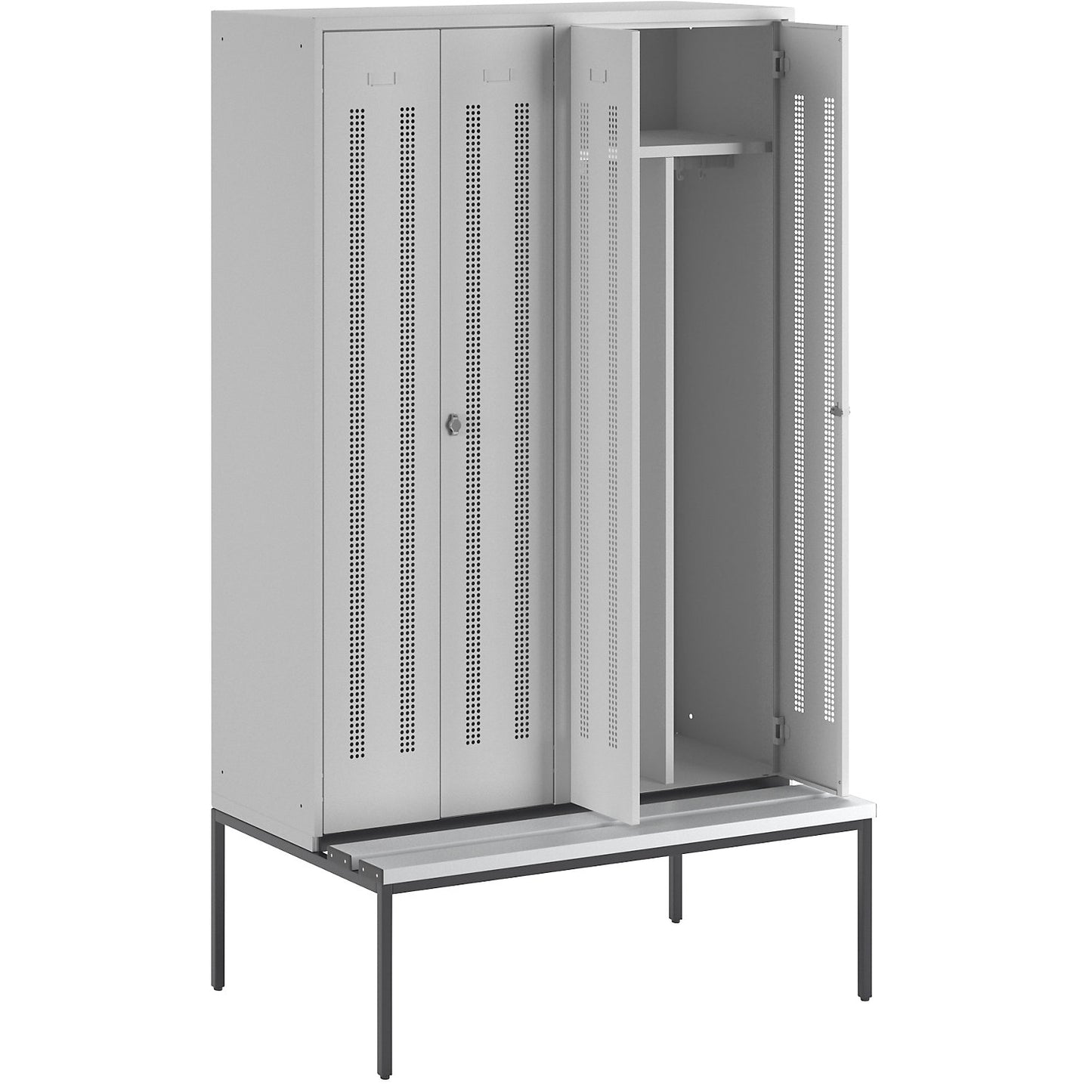 Berlin 1 clean and dirty locker with bench seat, centre divider, 2 compartments, light grey, W 1200 mm, bench fitted below, plastic.