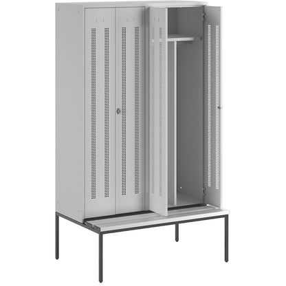 Berlin 1 clean and dirty locker with bench seat, centre divider, 2 compartments, light grey, W 1200 mm, bench fitted below, plastic.