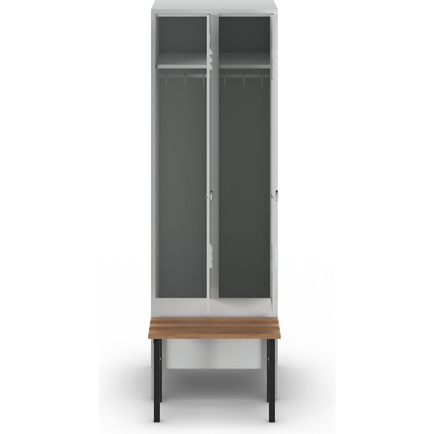Berlin 2 clothes locker with bench seat, 2 compartments, light grey, W 600 mm, bench mounted in front, beech wood.