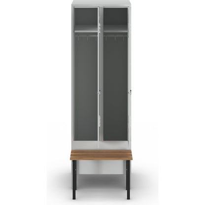 Berlin 2 clothes locker with bench seat, 2 compartments, light grey, W 600 mm, bench mounted in front, beech wood.