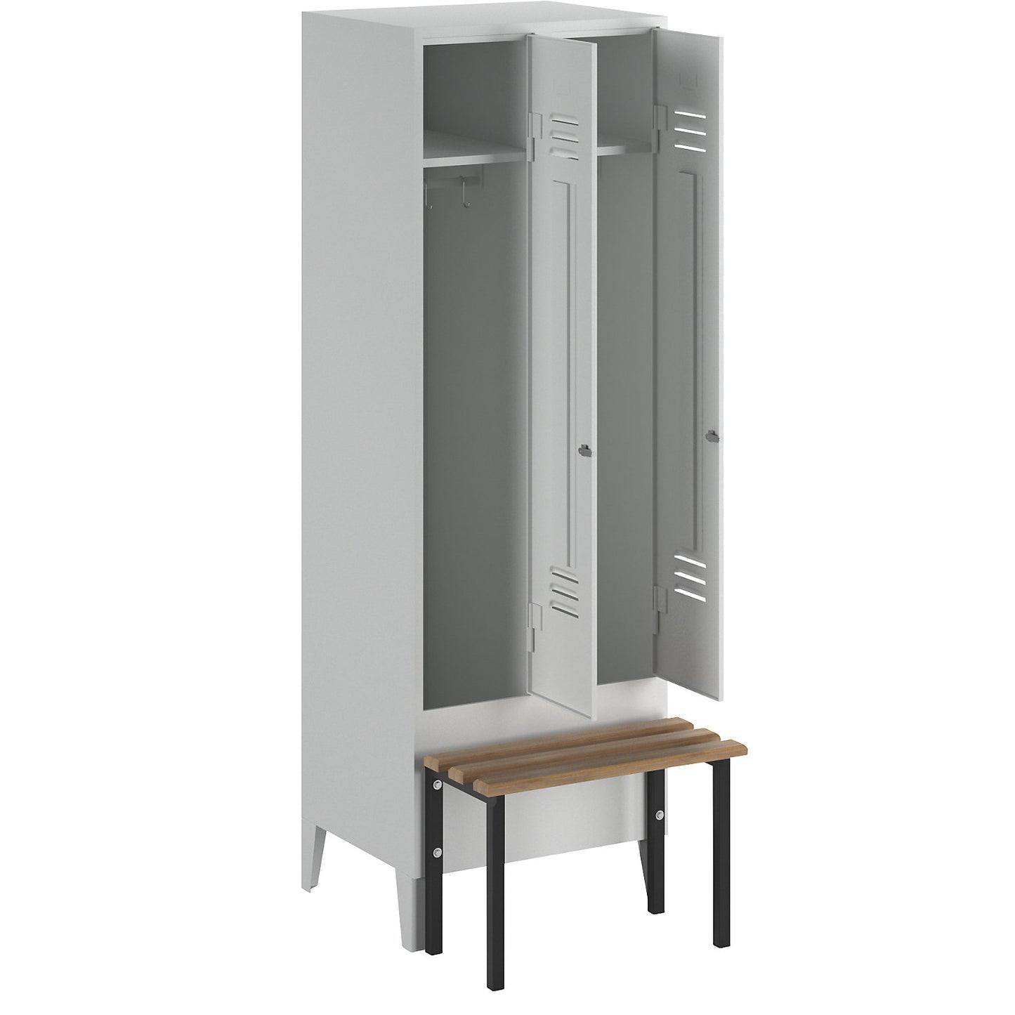 Berlin 2 clothes locker with bench seat, 2 compartments, light grey, W 600 mm, bench mounted in front, beech wood.