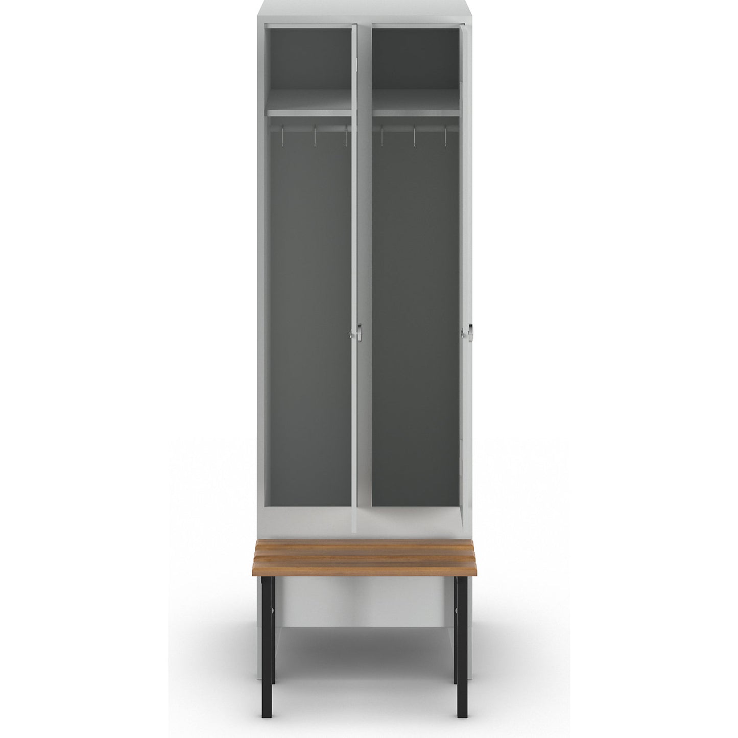 Berlin 1 bench seat clothes locker, 2 compartments, light grey, W 600 mm, bench mounted in front, beech wood.
