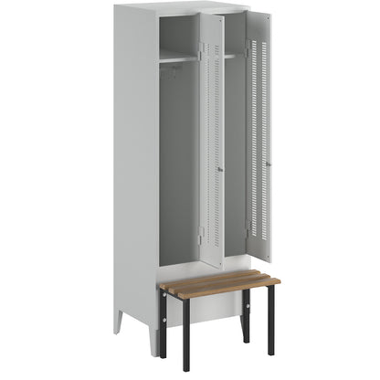 Berlin 1 bench seat clothes locker, 2 compartments, light grey, W 600 mm, bench mounted in front, beech wood.