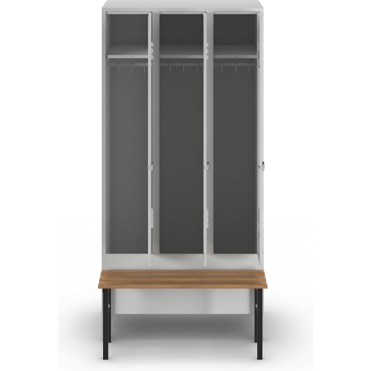 Berlin 2 clothes locker with bench seat, 3 compartments, light grey, W 900 mm, bench mounted in front, beech wood.