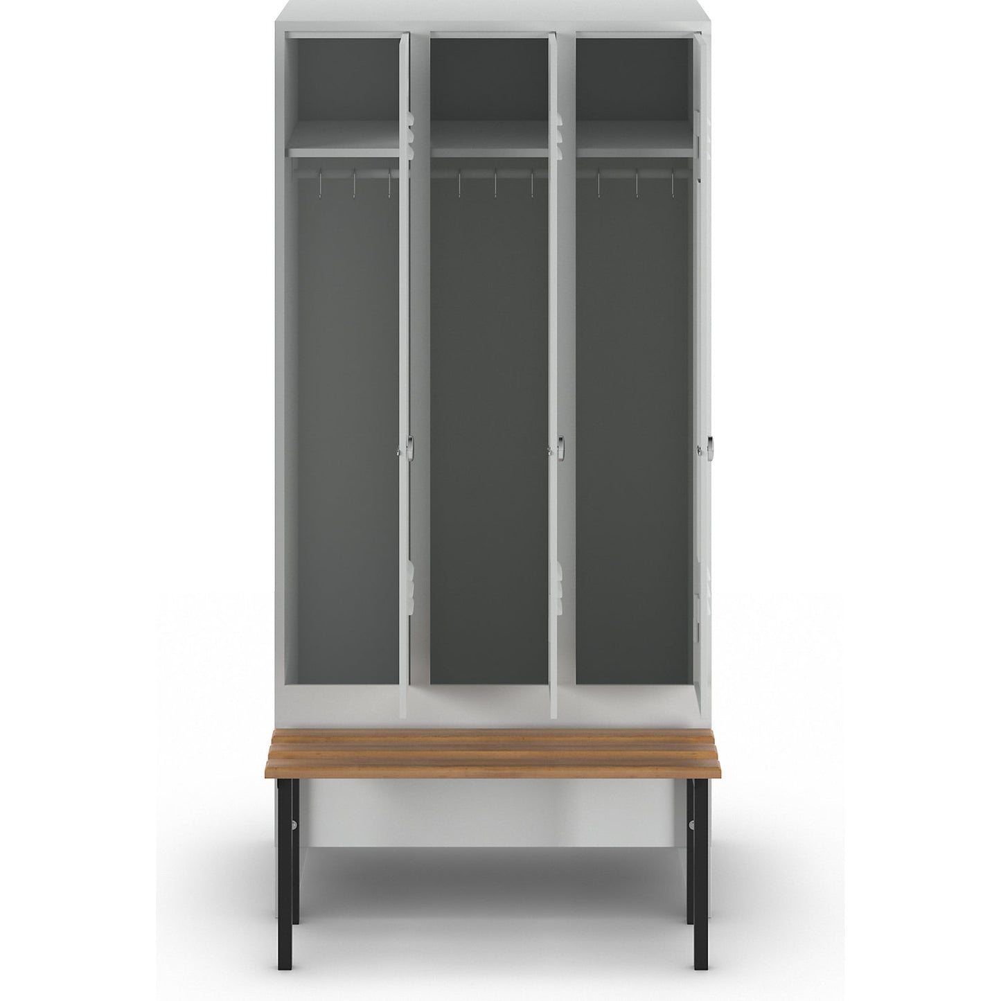 Berlin 2 clothes locker with bench seat, 3 compartments, light grey, W 900 mm, bench mounted in front, beech wood.