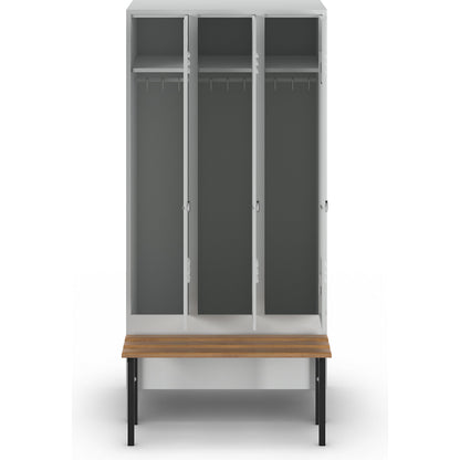 Berlin 2 clothes locker with bench seat, 3 compartments, light grey, W 900 mm, bench mounted in front, beech wood.