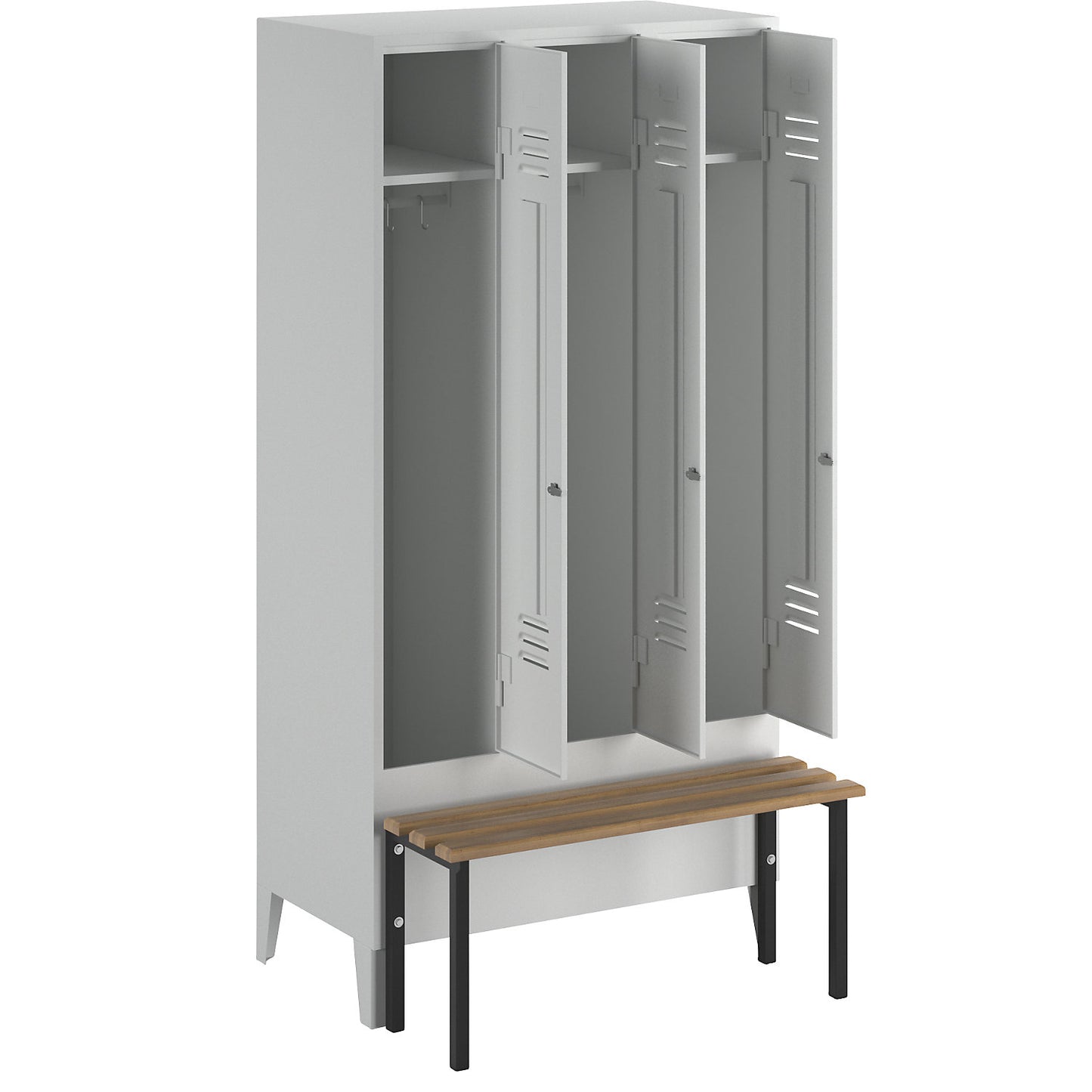 Berlin 2 clothes locker with bench seat, 3 compartments, light grey, W 900 mm, bench mounted in front, beech wood.