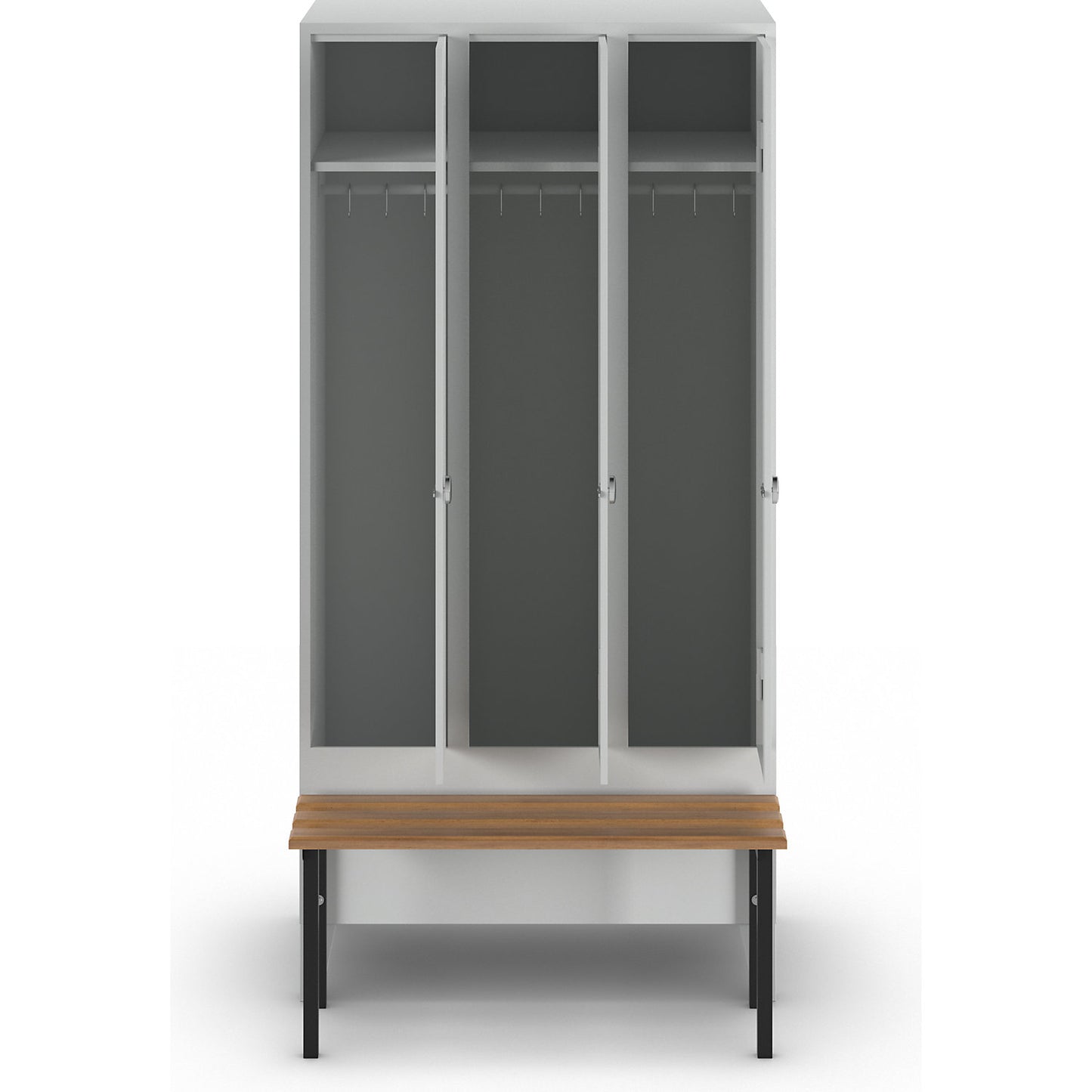Berlin 1 bench seat clothes locker, 3 compartments, light grey, W 900 mm, bench mounted in front, beech wood.