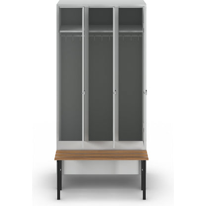 Berlin 1 bench seat clothes locker, 3 compartments, light grey, W 900 mm, bench mounted in front, beech wood.