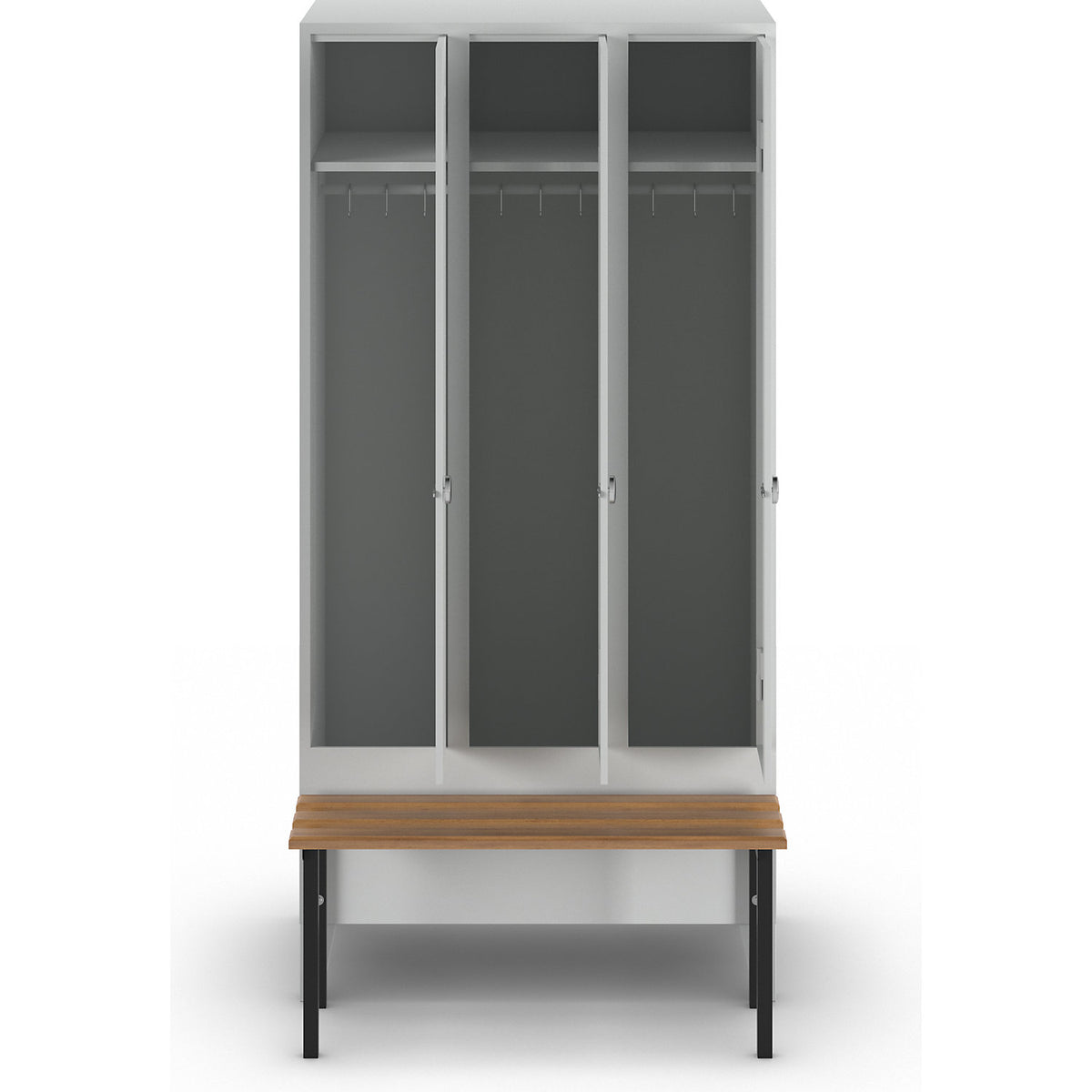 Berlin 1 bench seat clothes locker, 3 compartments, light grey, W 900 mm, bench mounted in front, beech wood.