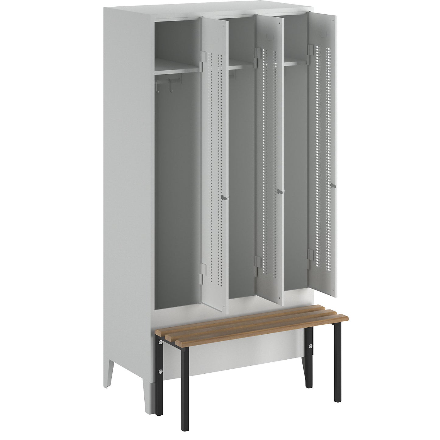 Berlin 1 bench seat clothes locker, 3 compartments, light grey, W 900 mm, bench mounted in front, beech wood.