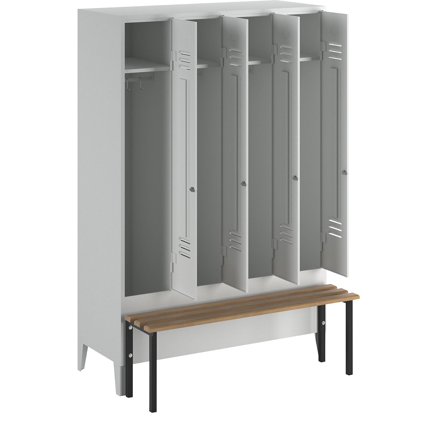 Berlin 2 clothes locker with bench seat, 4 compartments, light grey, W 1200 mm, bench mounted in front, beech wood.