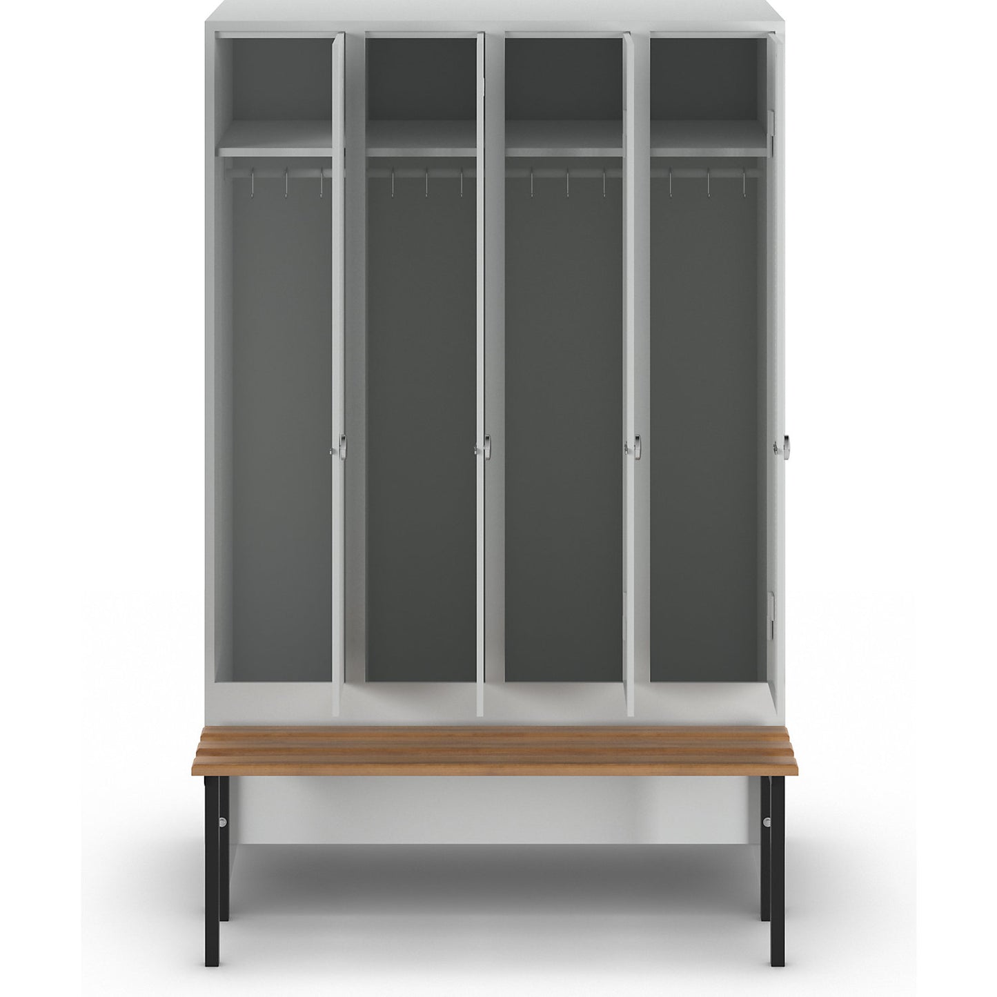 Berlin 1 bench seat clothes locker, 4 compartments, light grey, W 1200 mm, bench mounted in front, beech wood.