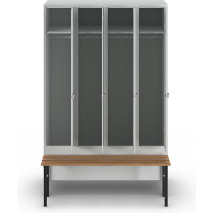 Berlin 1 bench seat clothes locker, 4 compartments, light grey, W 1200 mm, bench mounted in front, beech wood.