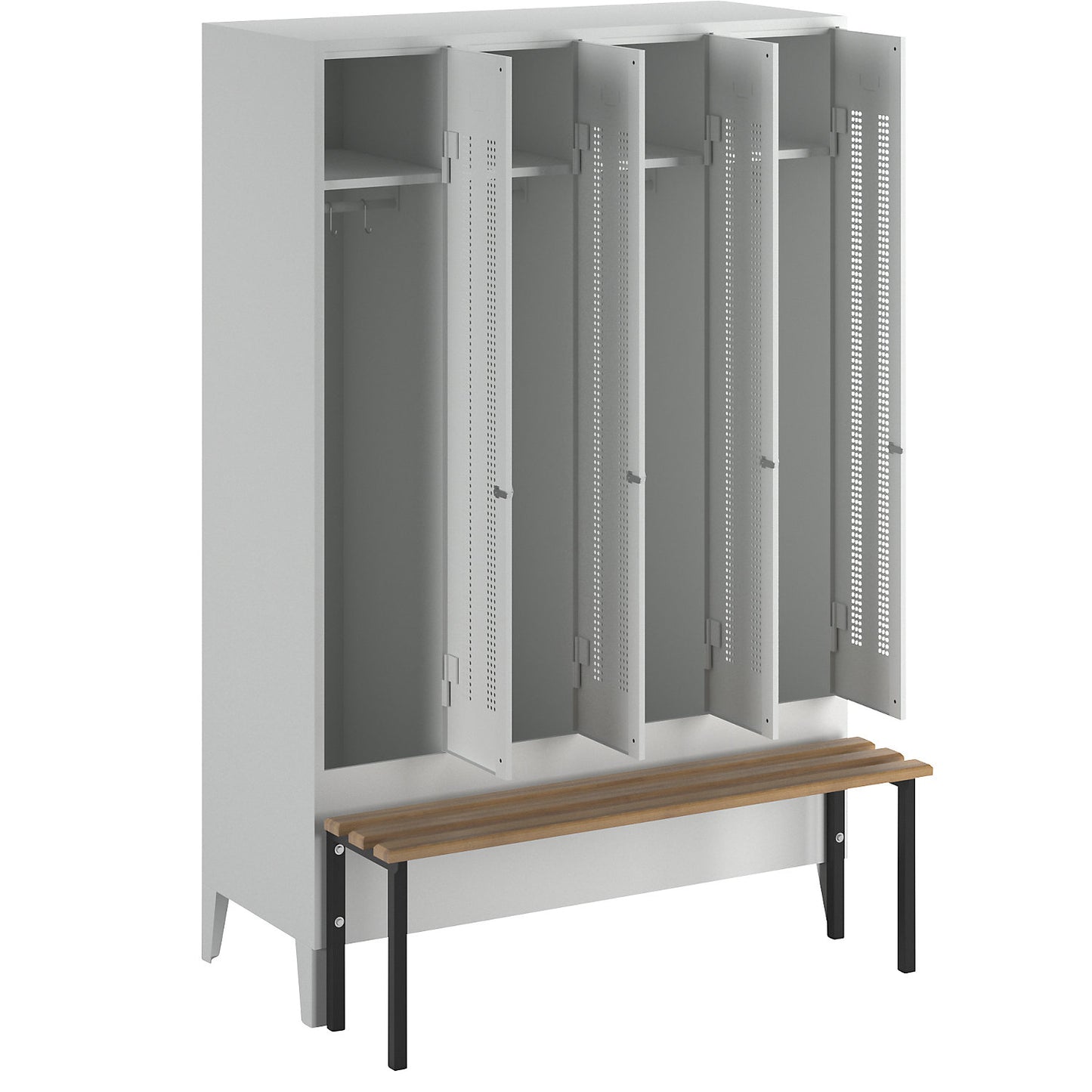 Berlin 1 bench seat clothes locker, 4 compartments, light grey, W 1200 mm, bench mounted in front, beech wood.