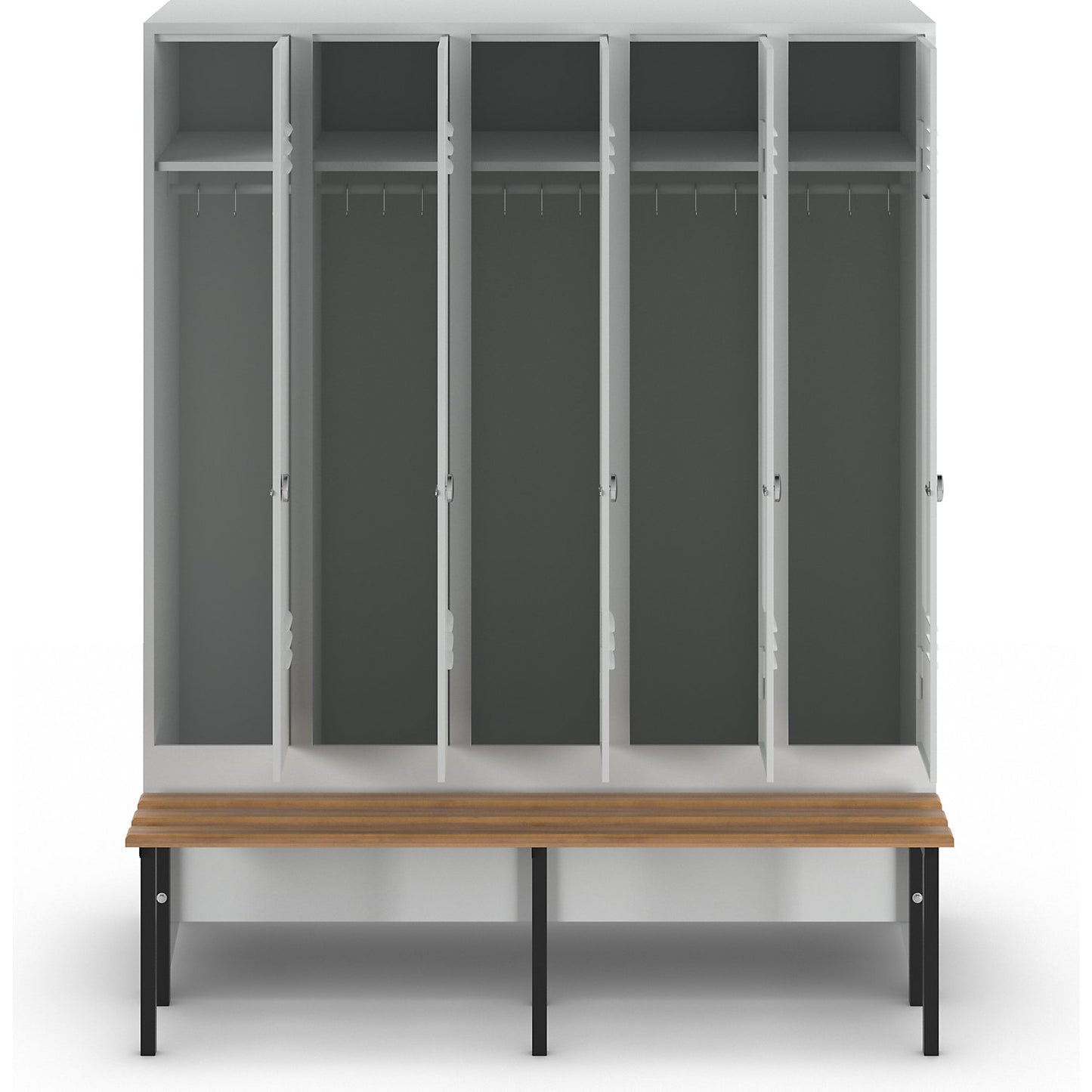 Berlin 2 clothes locker with bench seat, 5 compartments, light grey, W 1500 mm, bench mounted in front, beech wood.