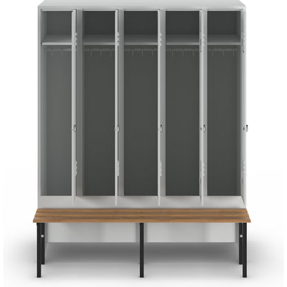 Berlin 2 clothes locker with bench seat, 5 compartments, light grey, W 1500 mm, bench mounted in front, beech wood.