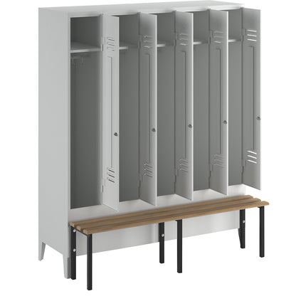 Berlin 2 clothes locker with bench seat, 5 compartments, light grey, W 1500 mm, bench mounted in front, beech wood.