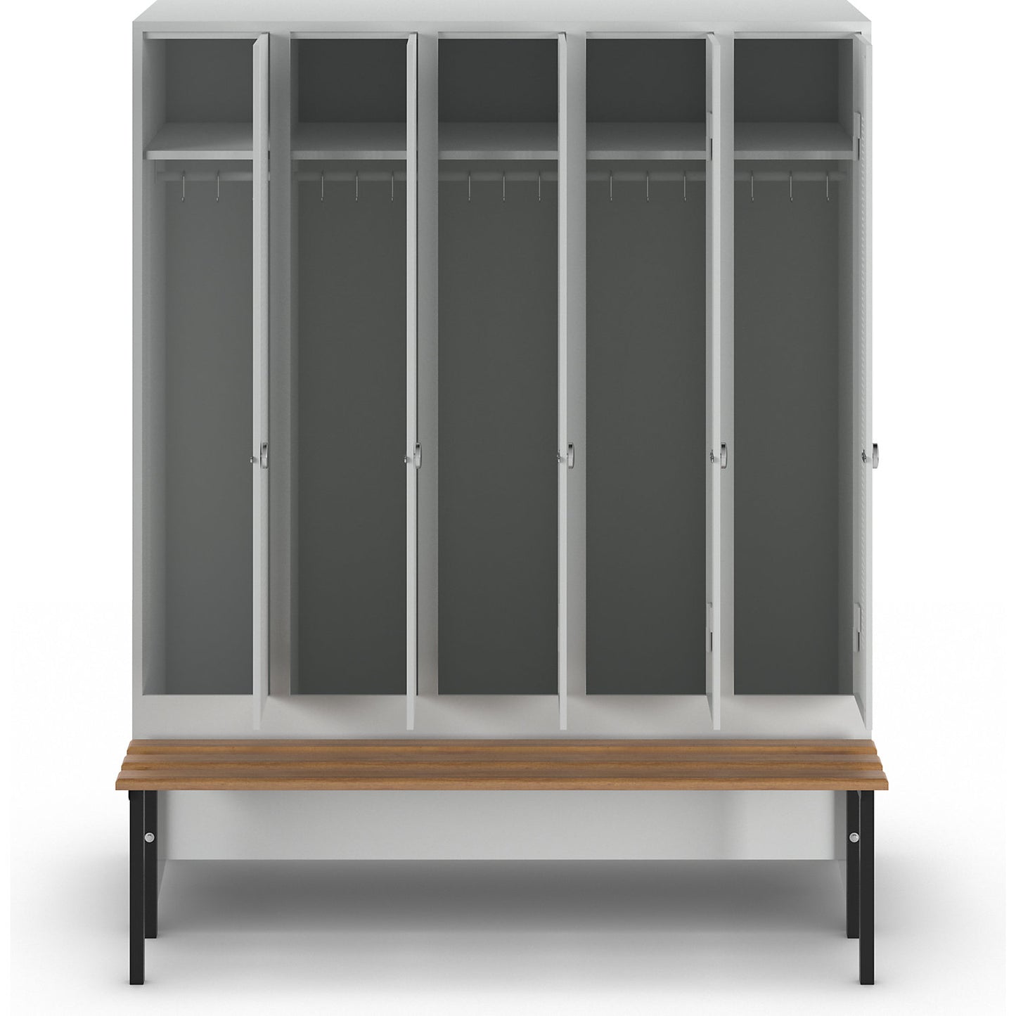 Berlin 1 bench seat clothes locker, 5 compartments, light grey, W 1500 mm, bench mounted in front, beech wood.