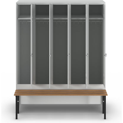Berlin 1 bench seat clothes locker, 5 compartments, light grey, W 1500 mm, bench mounted in front, beech wood.