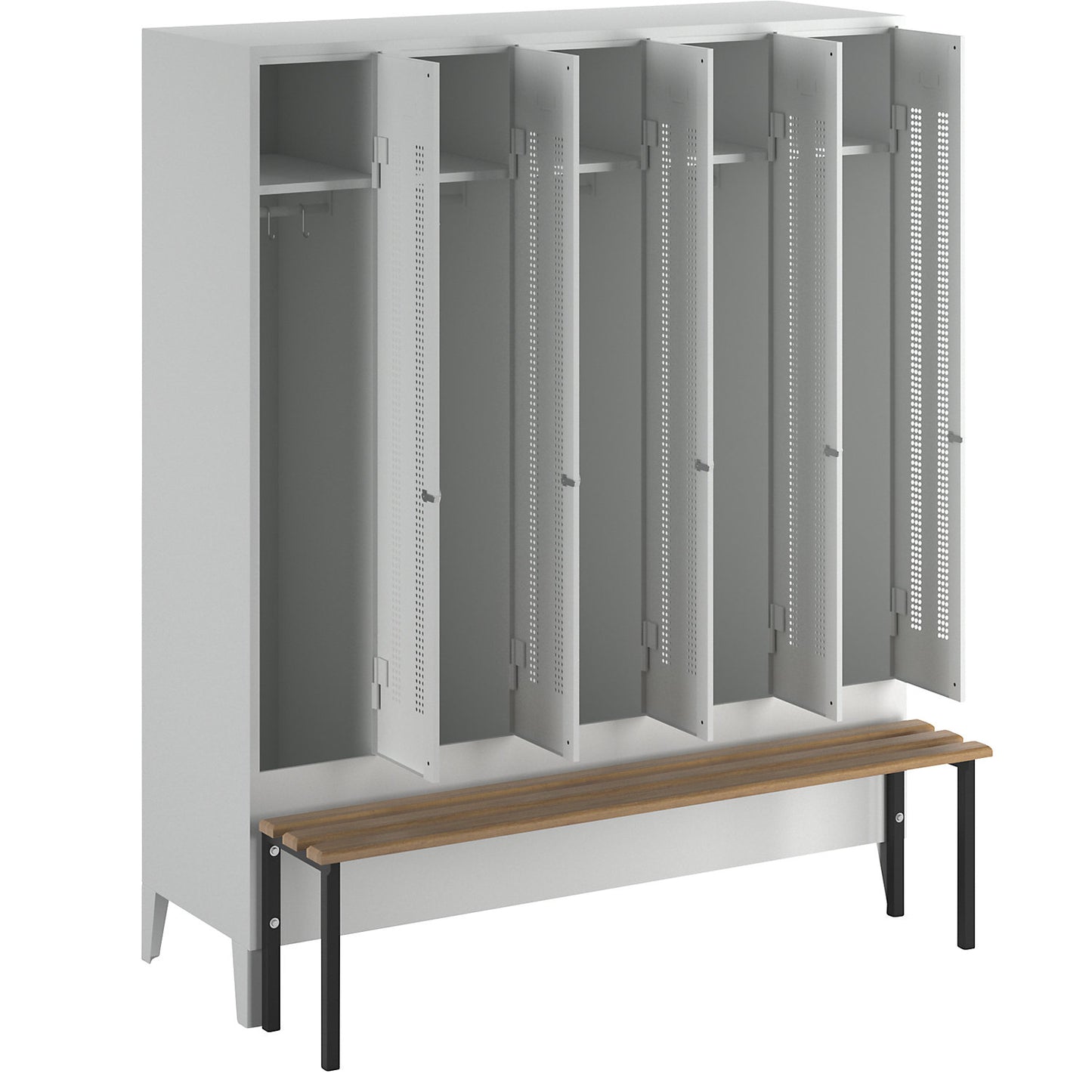 Berlin 1 bench seat clothes locker, 5 compartments, light grey, W 1500 mm, bench mounted in front, beech wood.