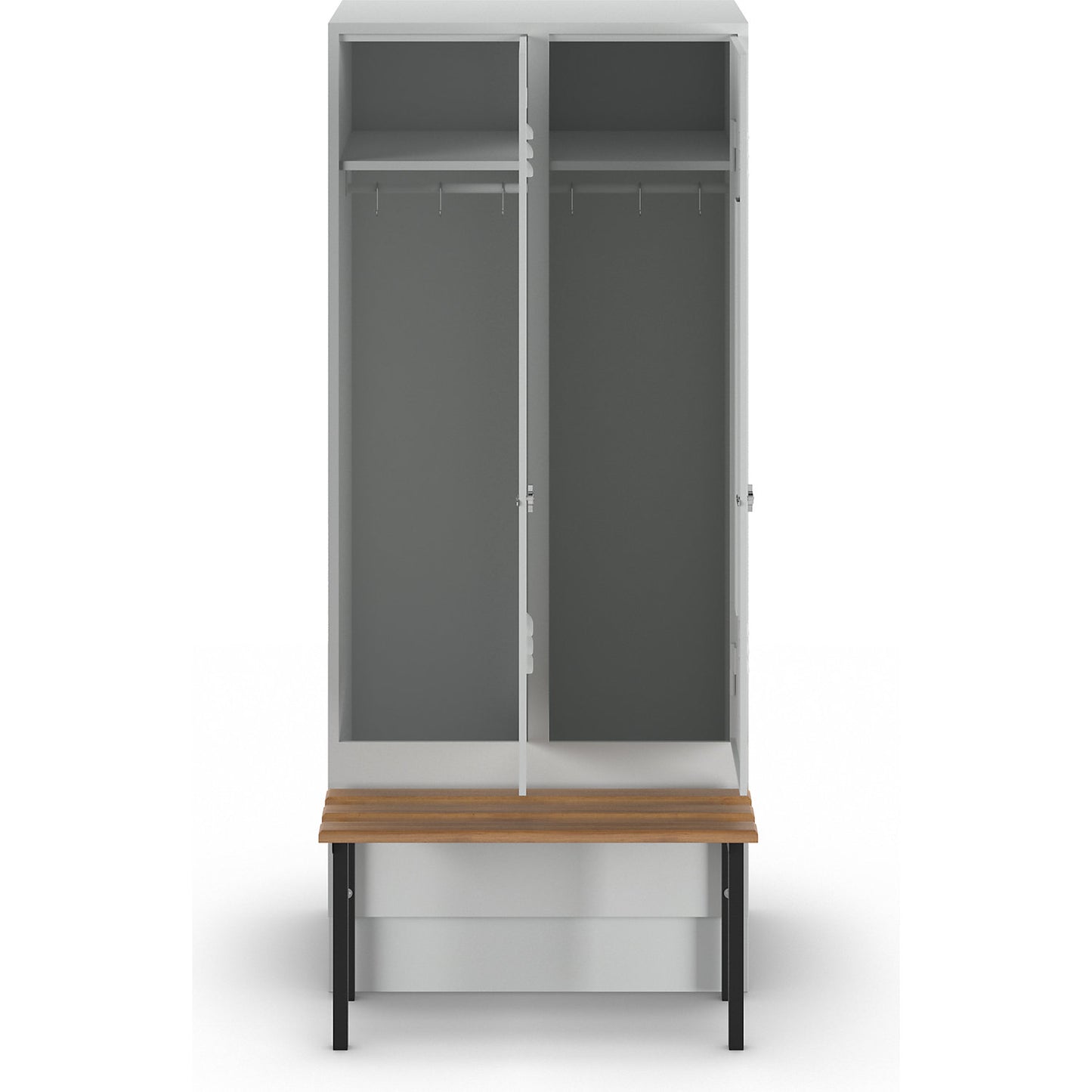 Berlin 2 clothes locker with bench seat, 2 compartments, light grey, W 800 mm, bench mounted in front, beech wood.