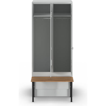 Berlin 2 clothes locker with bench seat, 2 compartments, light grey, W 800 mm, bench mounted in front, beech wood.