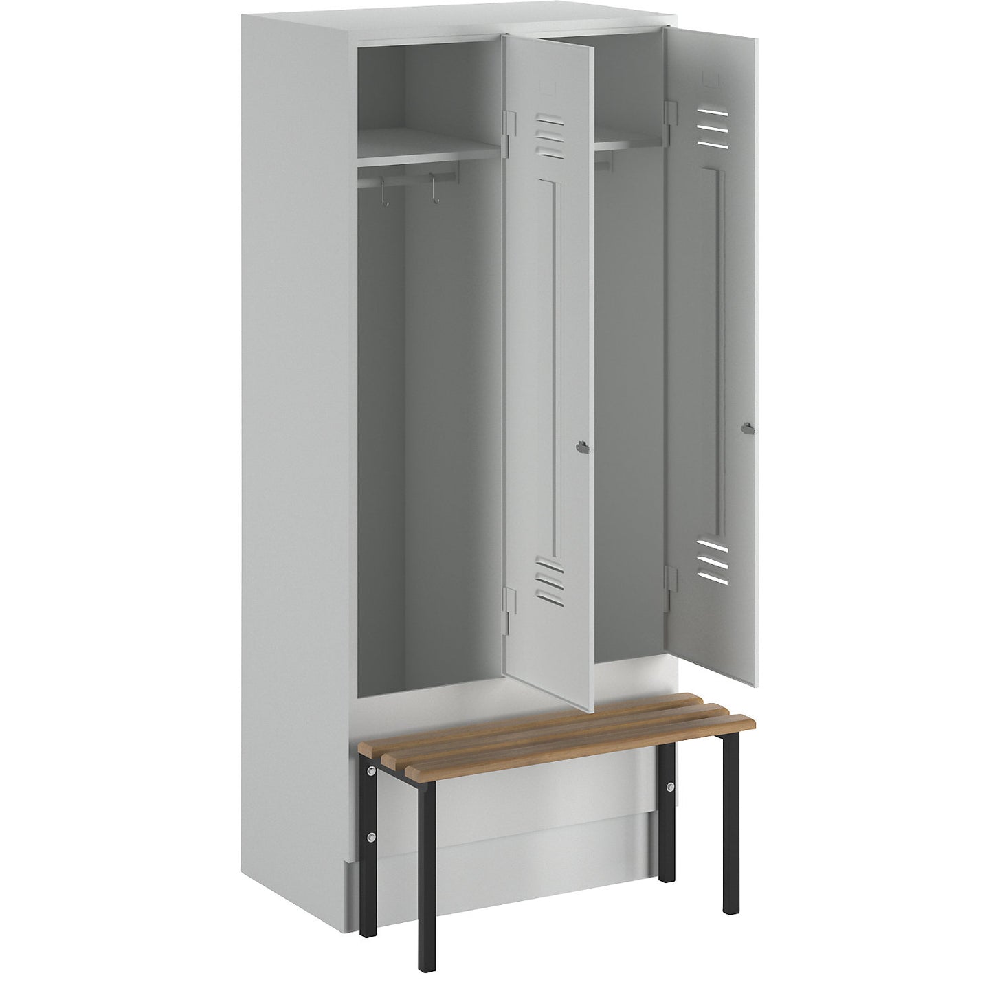 Berlin 2 clothes locker with bench seat, 2 compartments, light grey, W 800 mm, bench mounted in front, beech wood.