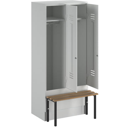 Berlin 2 clothes locker with bench seat, 2 compartments, light grey, W 800 mm, bench mounted in front, beech wood.