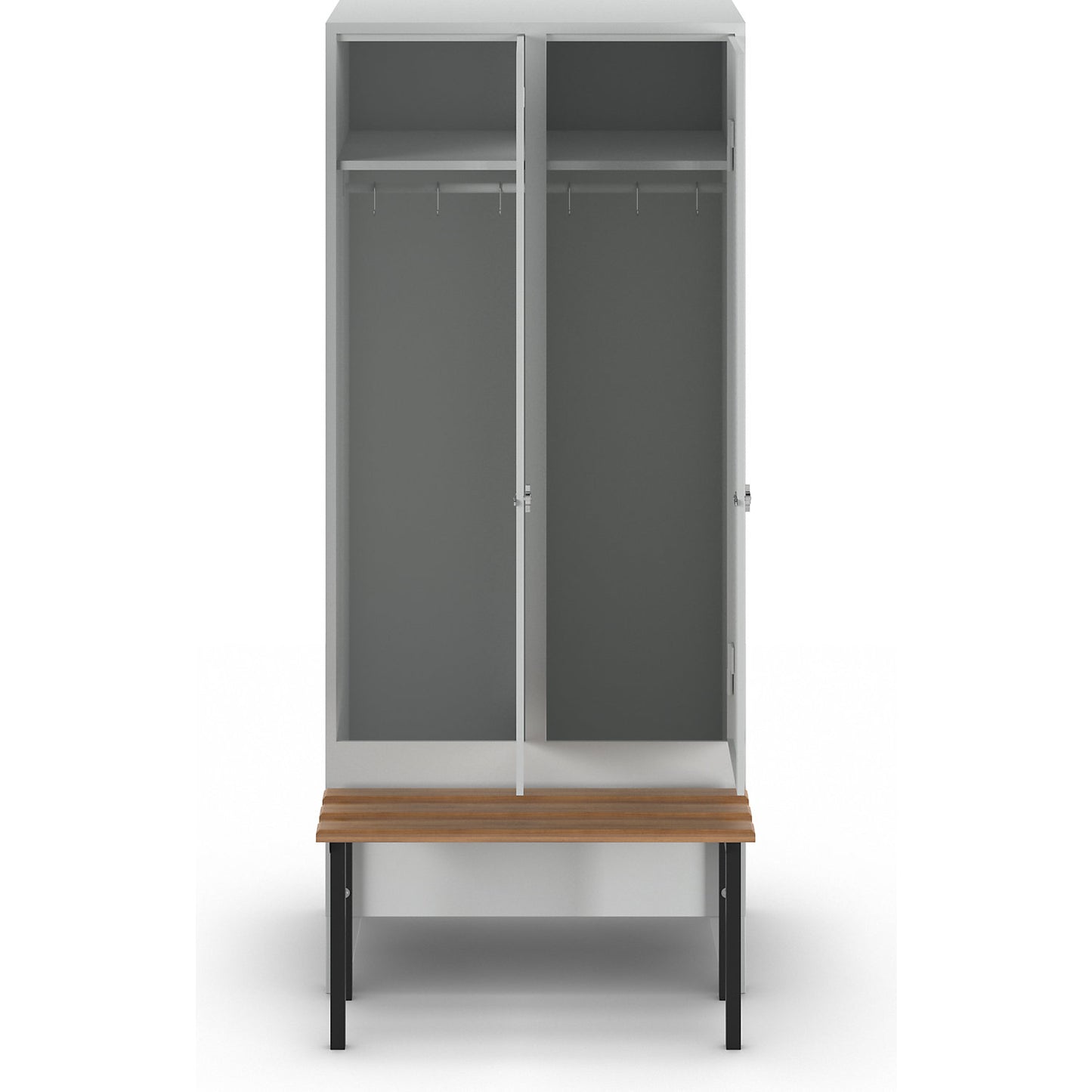 Berlin 1 bench seat clothes locker, 2 compartments, light grey, W 800 mm, bench mounted in front, beech wood.