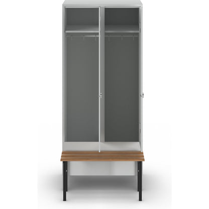 Berlin 1 bench seat clothes locker, 2 compartments, light grey, W 800 mm, bench mounted in front, beech wood.
