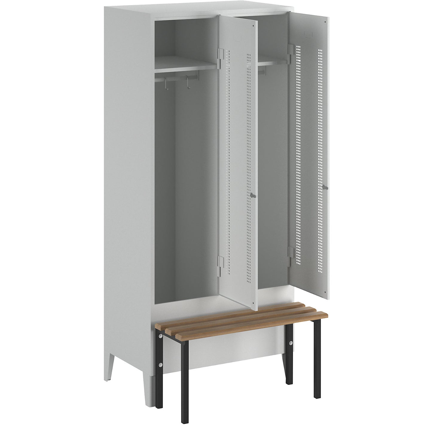Berlin 1 bench seat clothes locker, 2 compartments, light grey, W 800 mm, bench mounted in front, beech wood.