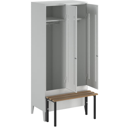 Berlin 1 bench seat clothes locker, 2 compartments, light grey, W 800 mm, bench mounted in front, beech wood.