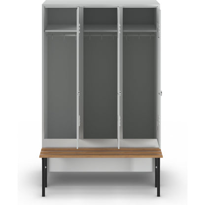 Berlin 2 clothes locker with bench seat, 3 compartments, light grey, W 1200 mm, bench mounted in front, beech wood.