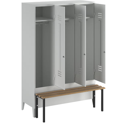 Berlin 2 clothes locker with bench seat, 3 compartments, light grey, W 1200 mm, bench mounted in front, beech wood.