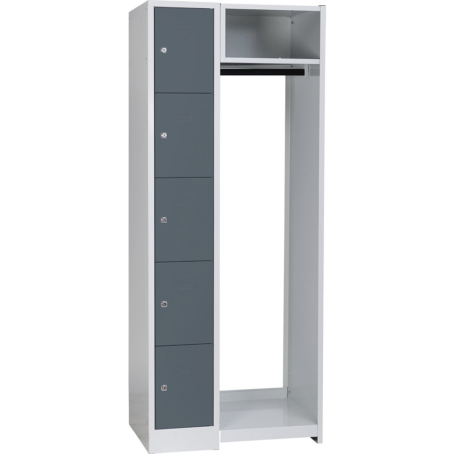 Dresden cloakroom locker system, 5 compartments, 1 coat rack, W 750 mm, light grey / basalt grey.