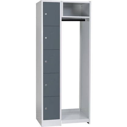 Dresden cloakroom locker system, 5 compartments, 1 coat rack, W 750 mm, light grey / basalt grey.