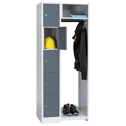 Dresden cloakroom locker system, 5 compartments, 1 coat rack, W 750 mm, light grey / basalt grey.